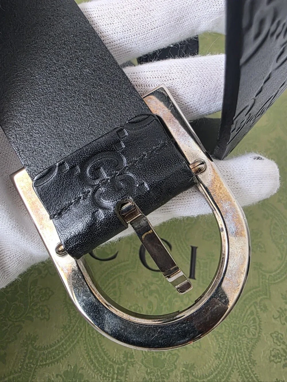 Auth Gucci Guccissima Men Black Leather Belt with Silver Buckle - Picture 6 of 12